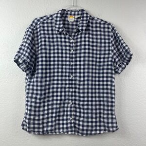 C&C California Womens Navy Blue Gingham 100% Linen Short Sleeve Button Shirt M
